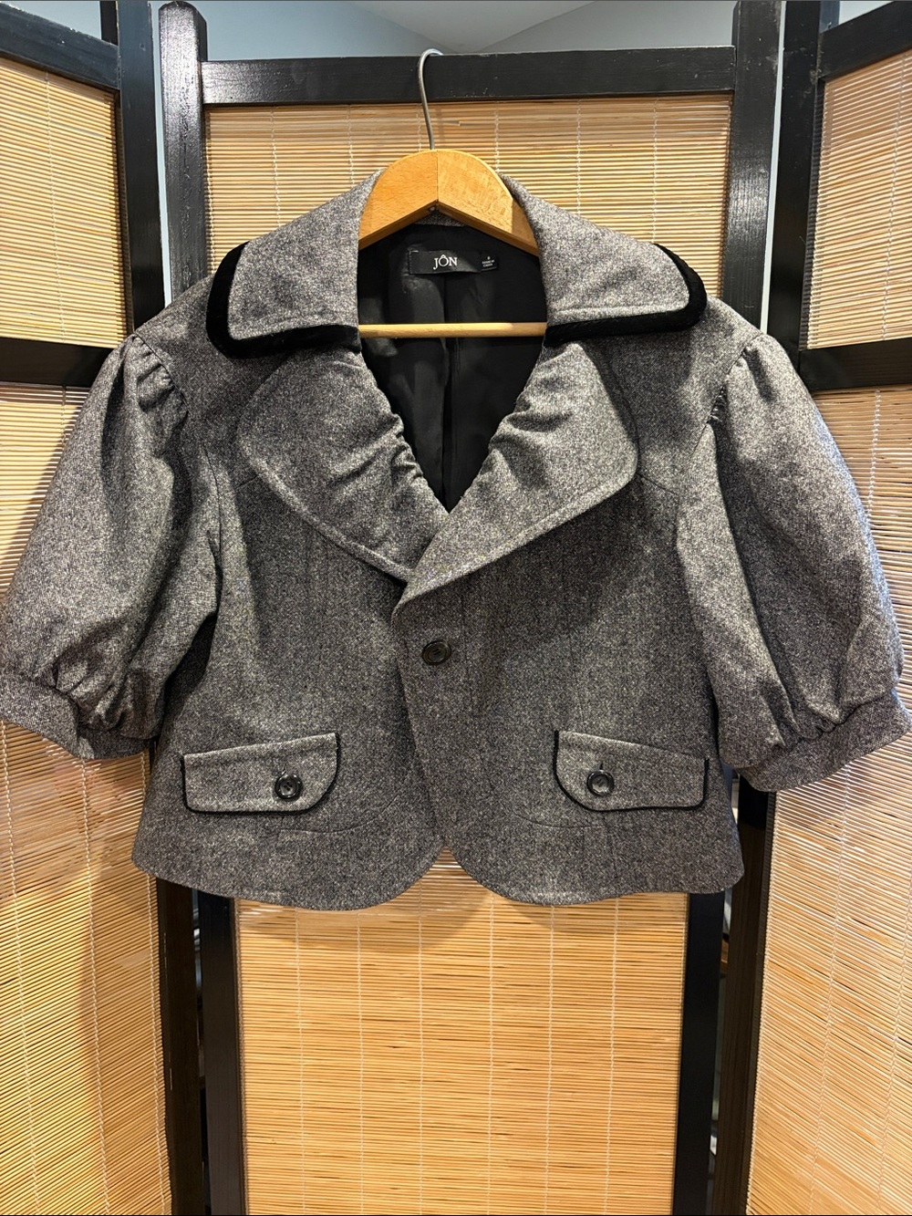 Gray Wool-Blend Short Puff-Sleeve Blazer with Velvet Trim